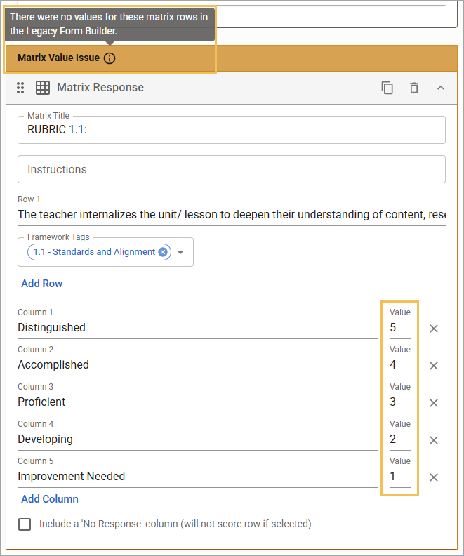 A flagged matrix response item for review with an Info icon highlighted to show the specific issue.